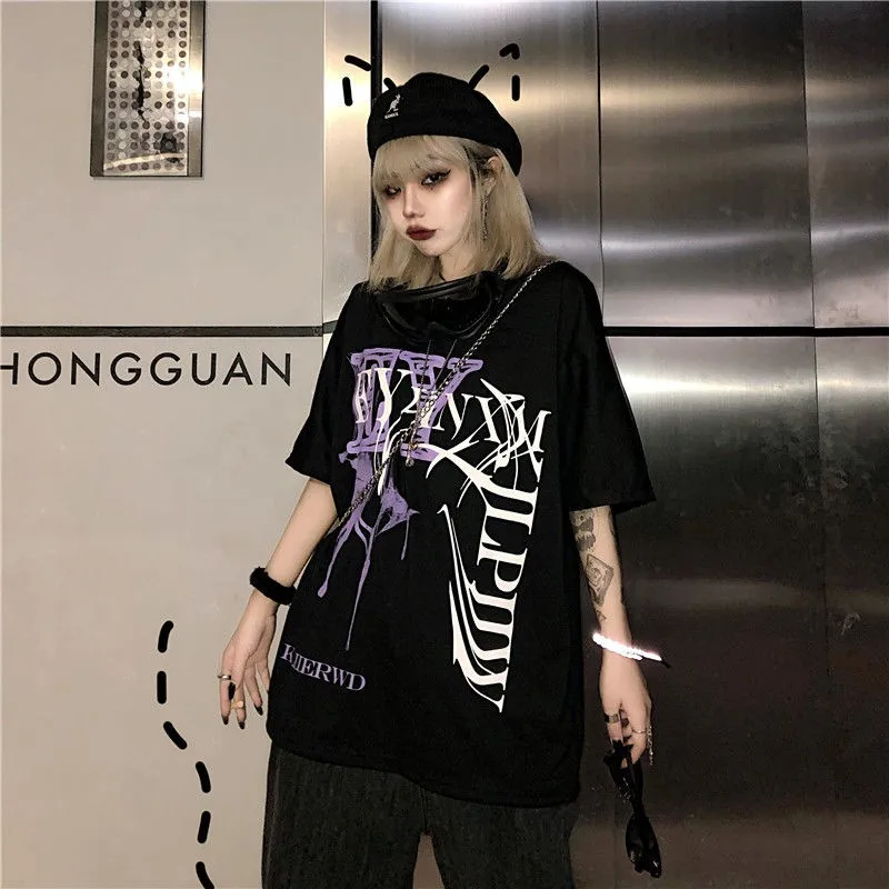 

Новинка весна-лето 2020, хлопковая Повседневная рубашка ins с темным принтом, свободная футболка средней длины с круглым вырезом и коротким рук...