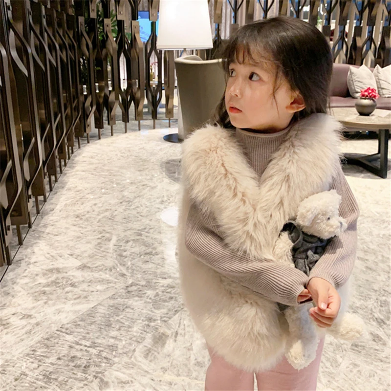 

2021 Baby Vest Winter New Fashion Solid Faux Fox Fur Princess Coat for Girl Sleeveless Thicken Kids Clothes Girls Costumes