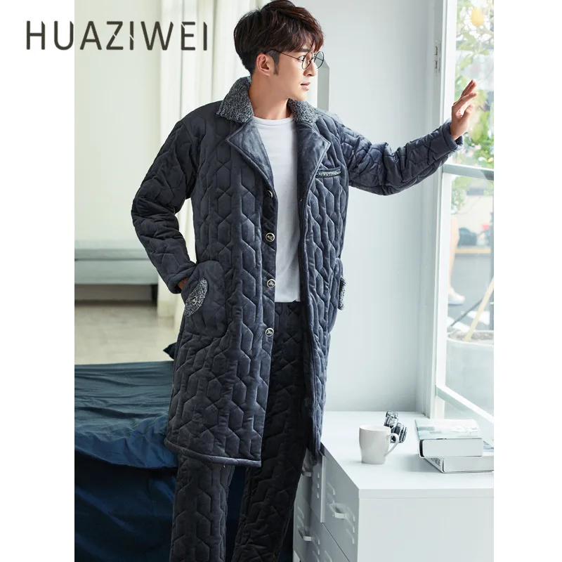 Pajamas Men's Autumn and Winter Coral Fleece Quilted Thickened Flannel Mid-length Warm Suit Pijama Invierno Hombre Dormir Tops