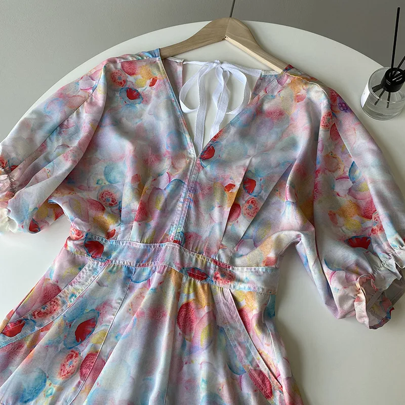 

2021 Summer Women Pink Drtess Oil Painting V Neck Dresses Bubble Sleeve Waist Long Fairy Dress