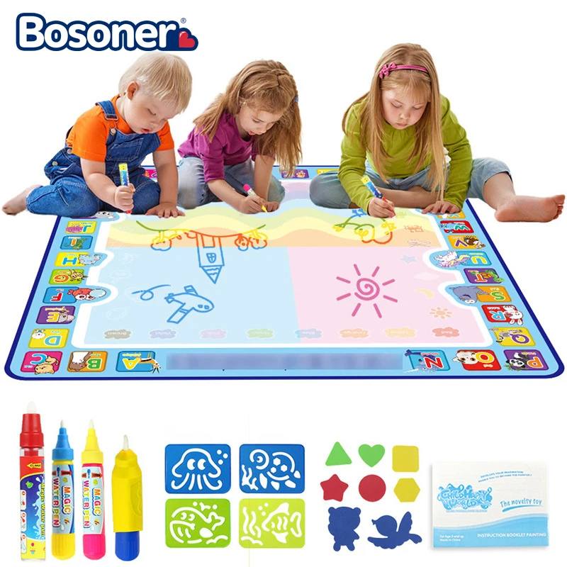 

100x100cm Magic Water Drawing Mat Doodle Mat & 4 Drawing Pens & 1 Stamps Set Painting Board Educational Toys for Kids