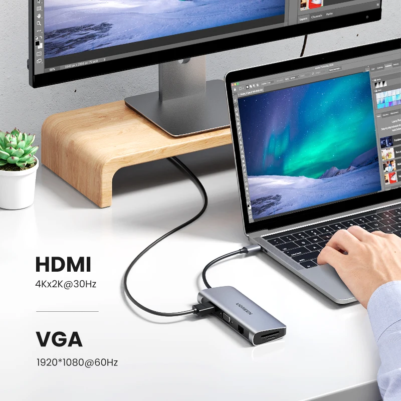 Концентратор UGREEN 10 в 1 USB Type C к HDMI 4K 3 0 VGA PD 5 мм полнофункциональный концентратор