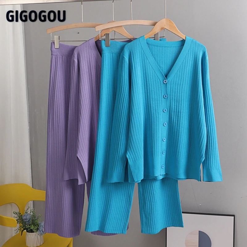 Женский свитер GIGOGOU вязаный джемпер в рубчик + широкие брюки весенние комплекты