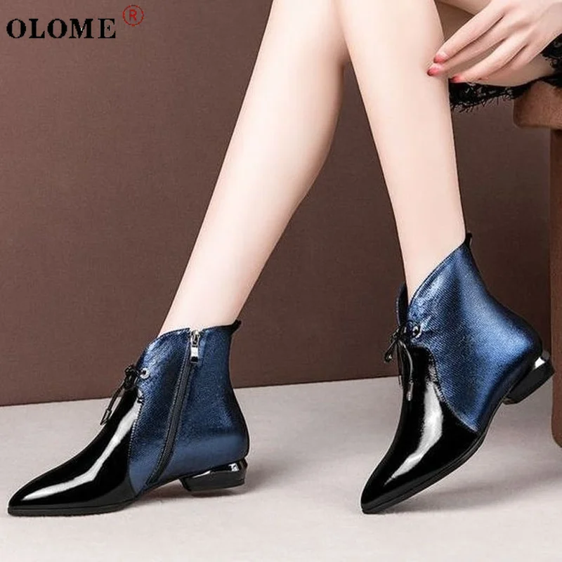 

Ladies Pointed Toe Lace-up Low Heel Ankle Boots Ladies Patent Leather Short Boots Ladies Mixed Color Zipper Shoes British Style