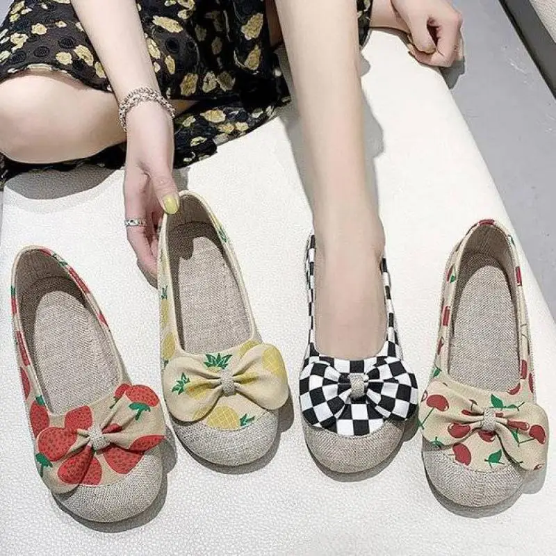 Туфли женские холщовые с бантом дышащие лоферы круглый носок без застежки