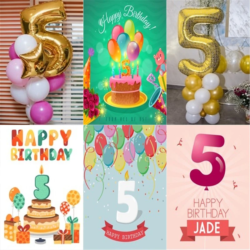 

Photo Studio Props Vinyl Photography Backdrop Cartoons Fifth Birthday Balloon Cake Decor Fives Year Old 5St Birthday Decoration