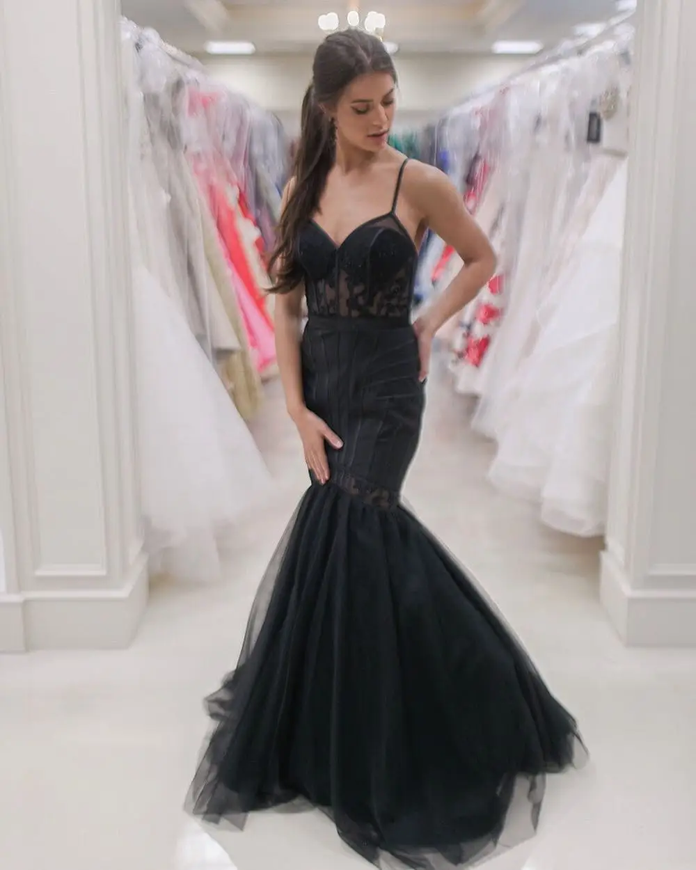 

Black Sexy Long Prom Dresses 2020 V-neck Sheer Tulle Lace Vestidos De Festa Gala Sukienki Elegant Evening Gown Mermaid Dress