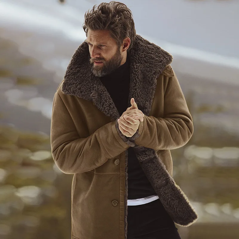 

Men Winter Fleece Thick Warm Coat Outwear Trench Leather Jacket Long Sleeve Fur