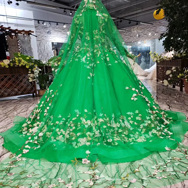 LS169901B зеленое вечернее длинное платье с вуалью высоким воротом длинными рукавами