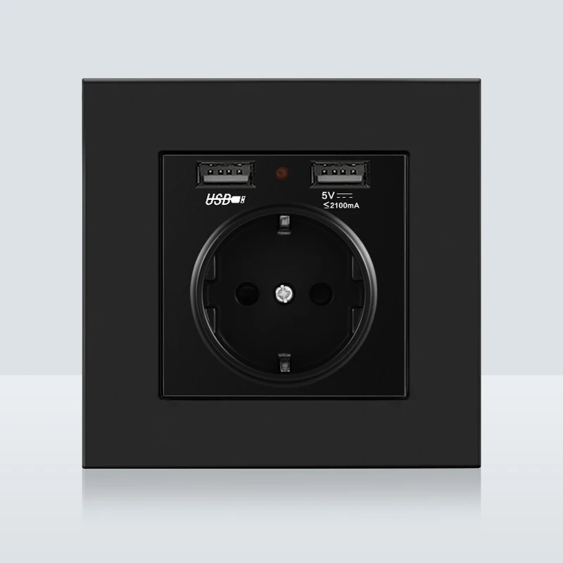 Dual USB Charging Port 16A Wall EU Russia Socket Power Outlet Glass Panel PC Black Color | Обустройство дома