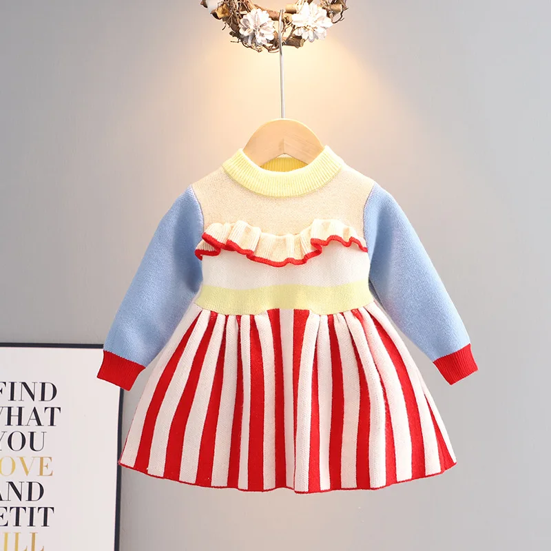 

New Baby Girls Knitted Dress Ruffle Sweater Toddler Girl Warm Clothes Infant Girls outfit For Winter Autumn Dresse Party Dress