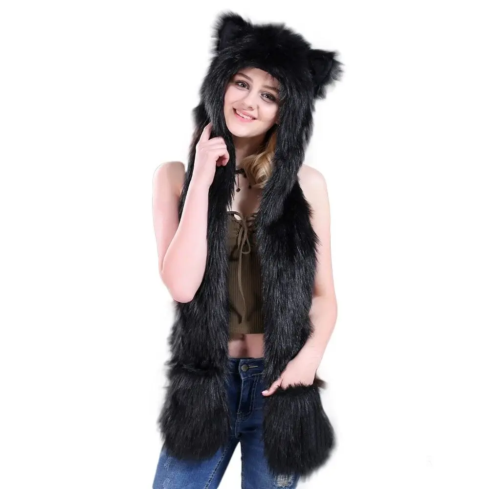 Шапка из искусственного меха с капюшоном и мультяшным животным варежки ушками