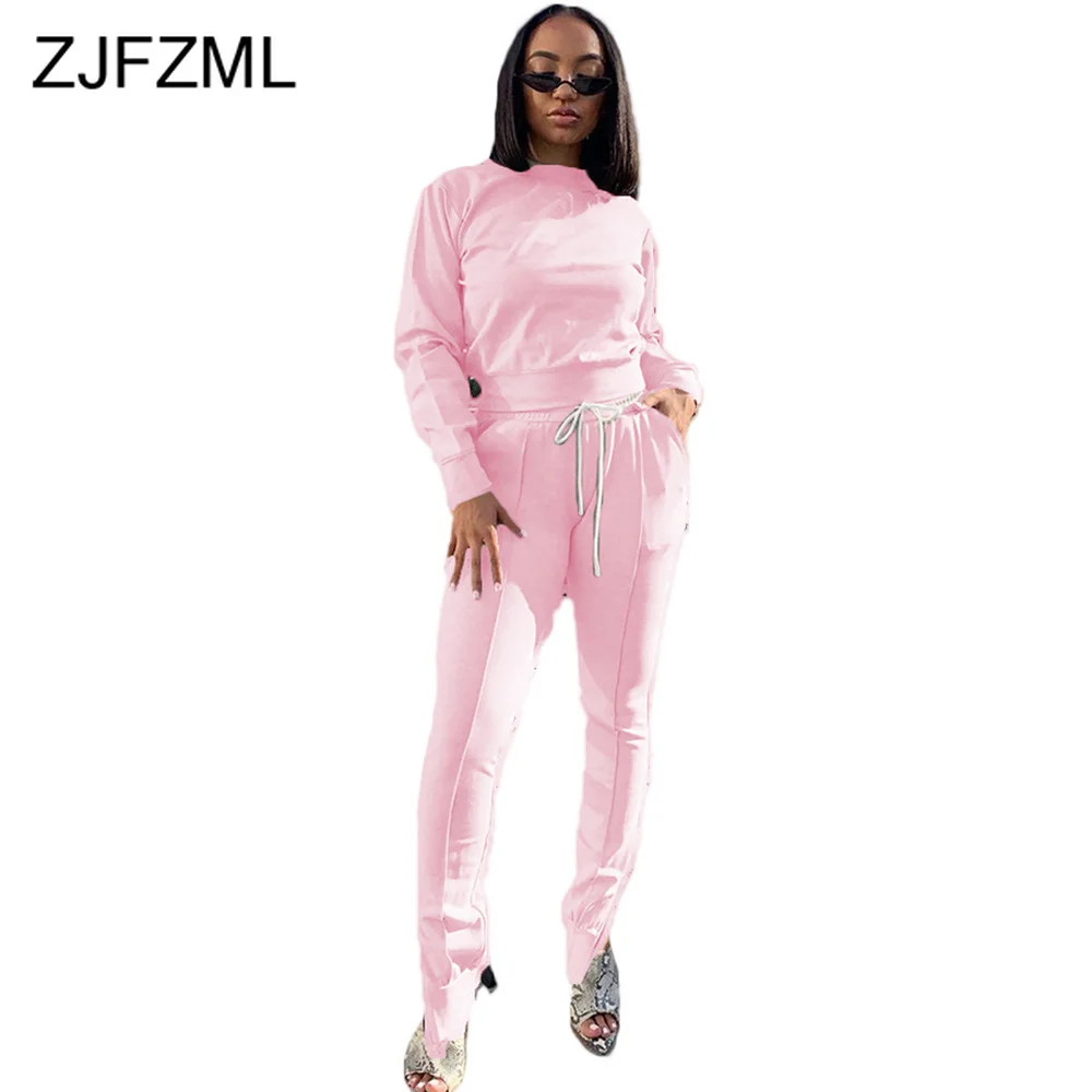

Activewear Bandage Two Piece Tracksuits Long Sleeve Slim Fit Pullover Top and Split Hem Skinny Sweatpant Fashion Co-ord Outfits