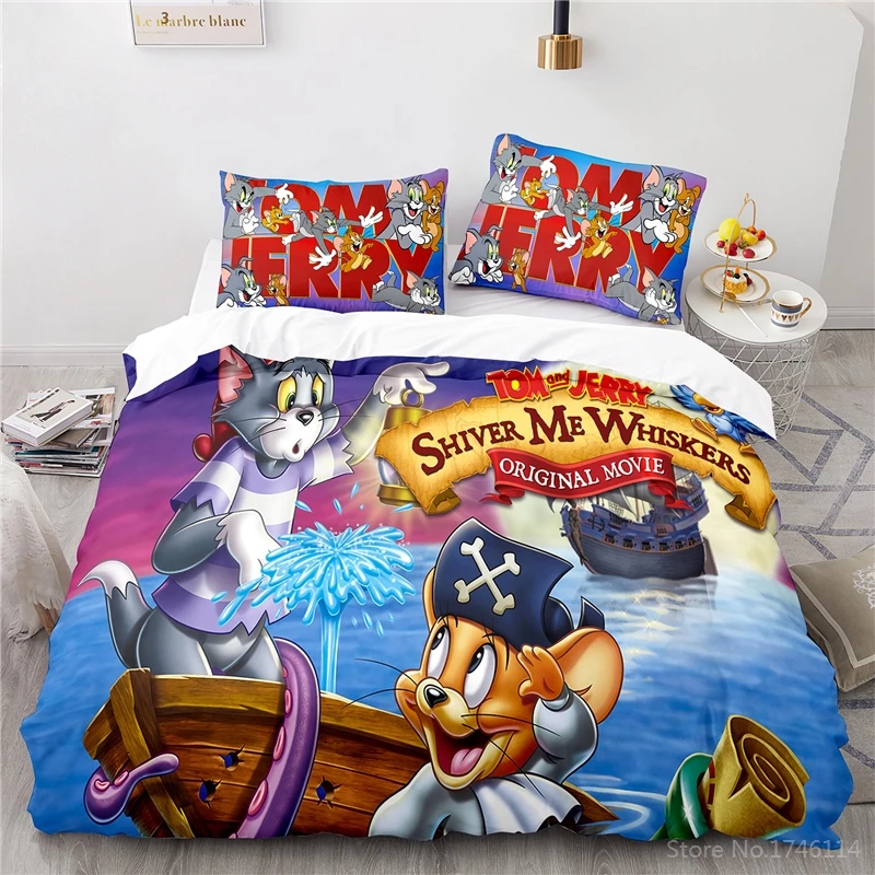 Kawaii Cat Mouse Tom Jerry 3D Cartoon Print Bedding Set Duvet Cover Quilt Pillowcase Home Textile for Kids Boys Girls | Дом и сад