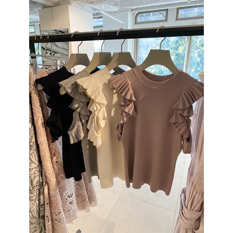 

Knit Pullovers Summer All-Math 2021 New Japan Style Women Tops Elegant Solid Ruffles Pleated Shoulder Strapless Sweaters