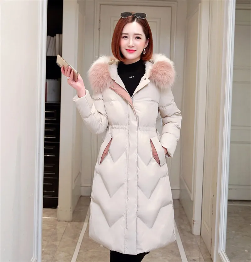 

Зимний женский пуховик с большим меховым воротником, женские куртки с капюшоном, парки, стеганое хлопковое пальто, верхняя одежда, высокое к...