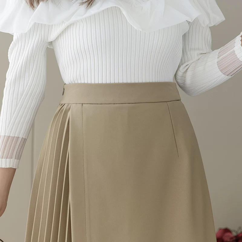 

Simple Khaki Midi Skirt Women Spring Summer High Waist Pleated Skirt Casual Streetwear A-line Long Skirts For Woman