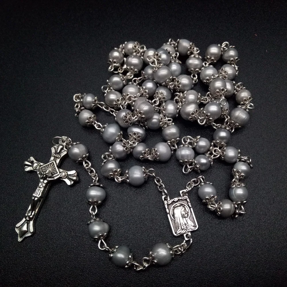 

61CM Natural Freshwater Pearl Rosary Necklace High-end Cross
