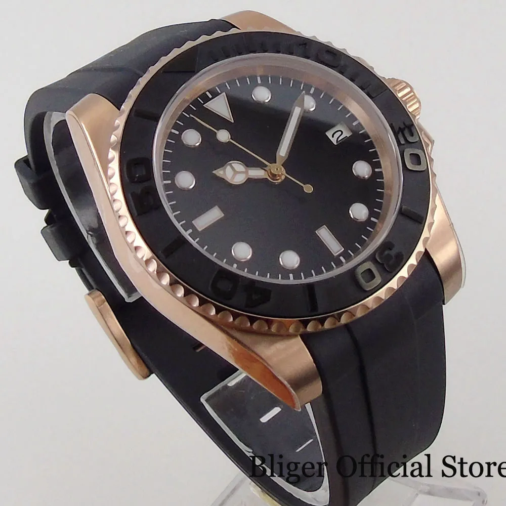 Дешево Мужские автоматические часы BLIGER 40 мм из розового золота, 24 Драгоценности NH35A PT5000, сапфировое стекло, изогнутый конец, резиновый ремешок, свет...