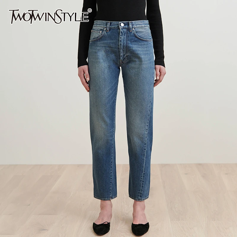 TWOTWINSTYLE повседневные женские джинсы высокая талия прямые свободные большие