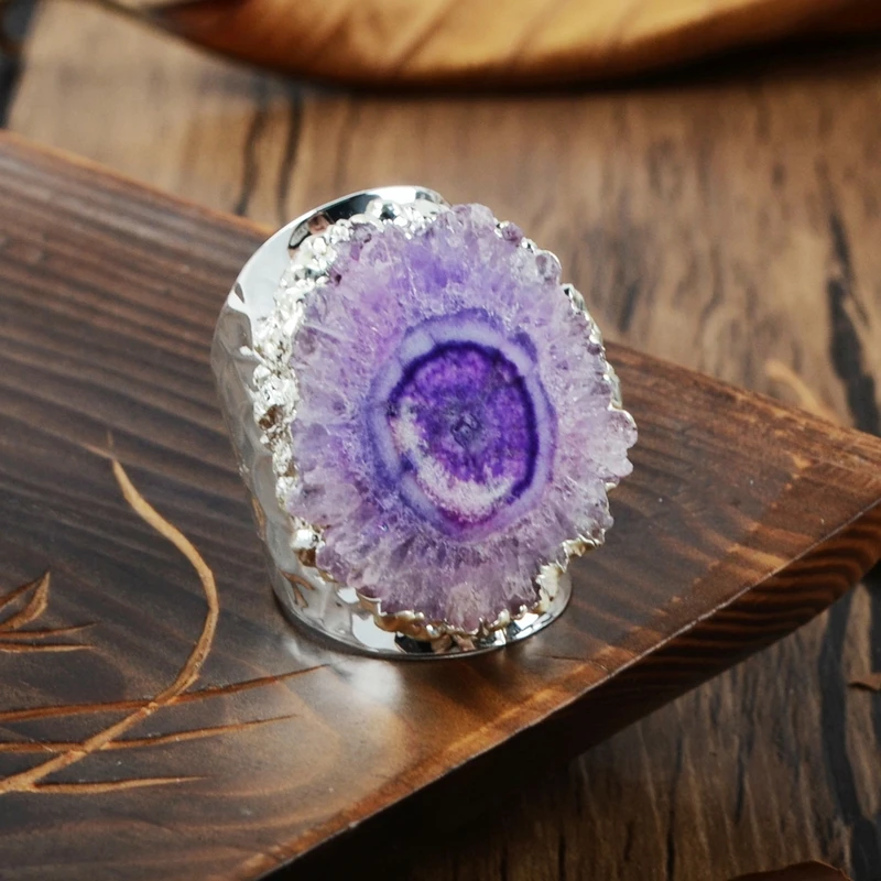 purple BOROSA 1 шт. Радужный цветок Солнечный Кварц Druzy кольцо Серебристый цвет регулируемый модный кварцевый ремешок кольцо Высокое качество S0308 - Цвет основного камня: purple