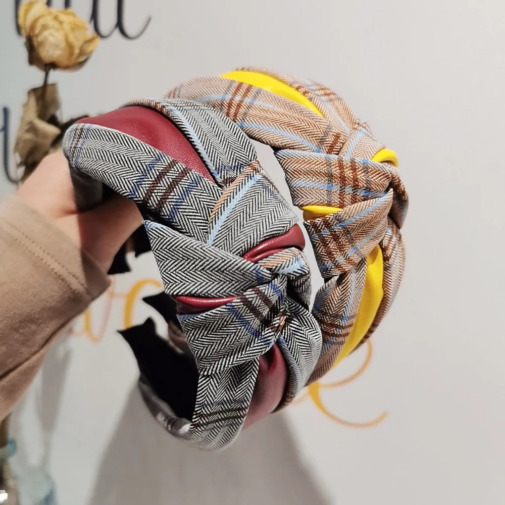 Повязка на голову из искусственной кожи в стиле ретро с узлом клетку