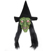 halloween horror green old witch mask with hat and black hair latex scary clown masks big nose old women funny headgear props