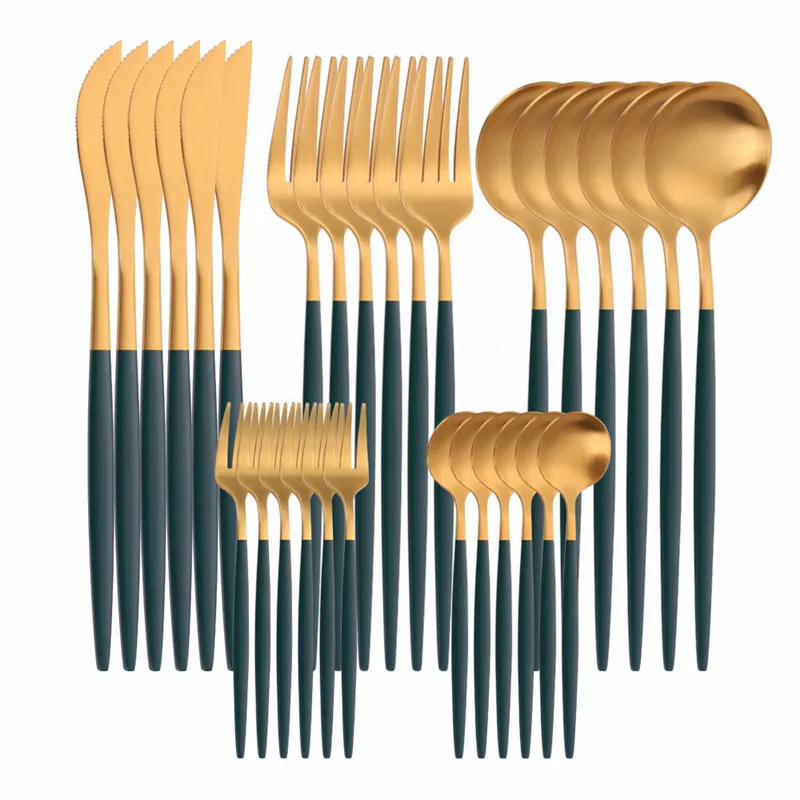 30 шт. Нержавеющая сталь столовый набор зеленый золотой посуды для вилок и ножей
