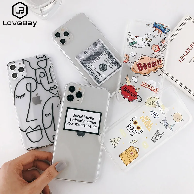 

Abstract Clear Cartoon Phone Case For iPhone 13 12 Pro Max 11 Pro Max X XR Xs Max 7 8 Plus Soft TPU Cover For iPhone 12 Mini
