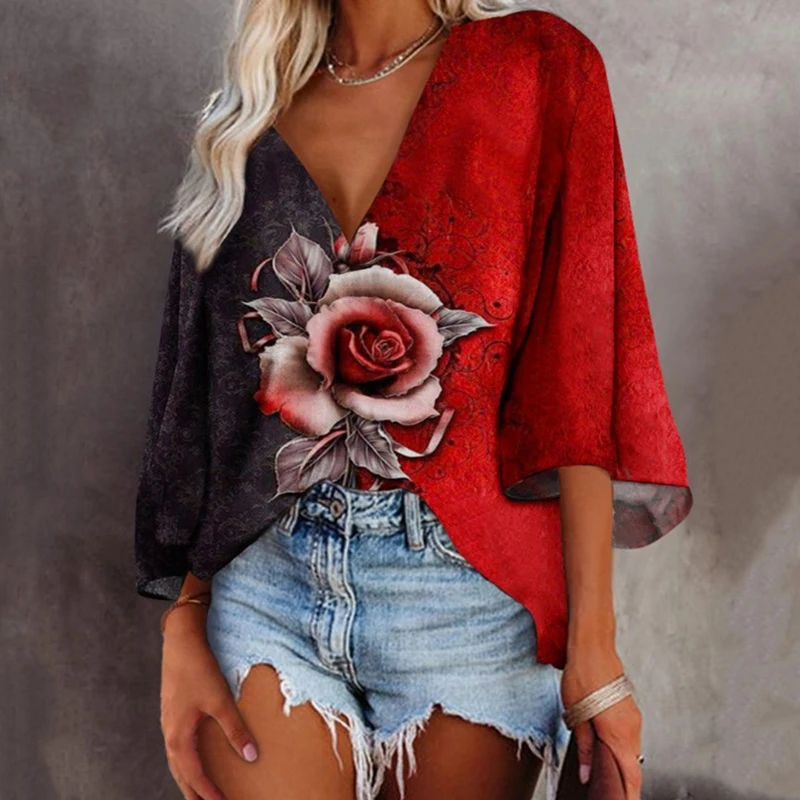 

Autumn and Summer Fashion Women's Rose Flower Printing Deep V-Neck Three-Quarter Flared Sleeves Casual Plus Size Ladies Pullover