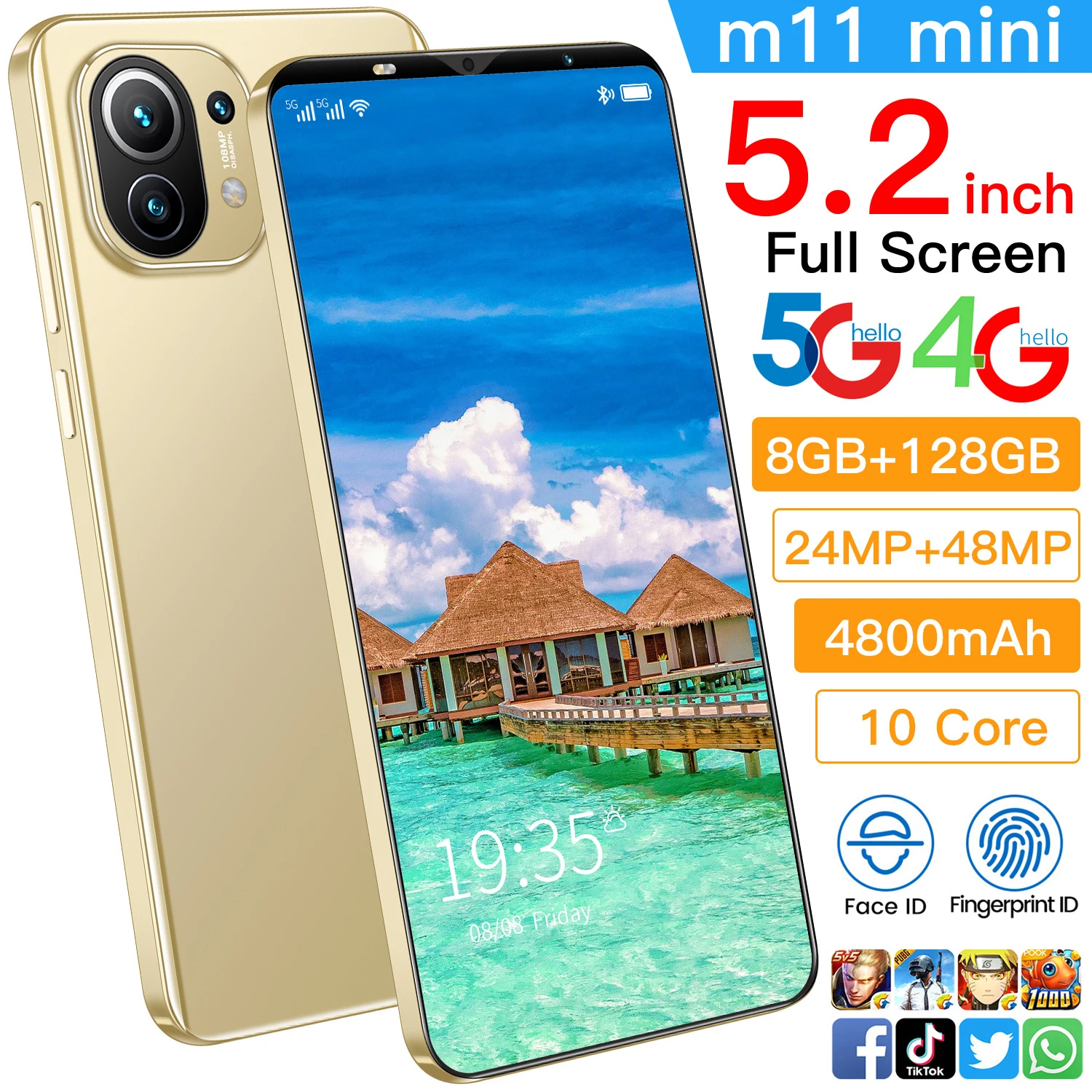 

Hot Sale M11mini 5.2 Inch 8+128GB Fingerprint ID 10 Core Cellphones MTK6895 Dual SIM+Micro SD 4800mAh Andriod 10.0 Smart Phone