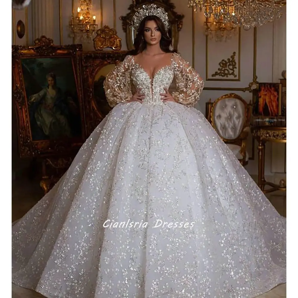 

Роскошное кружевное свадебное платье с цветочными блестками и аппликациями, свадебное платье с круглым вырезом и длинным рукавом, платье для невесты из Саудовской Аравии