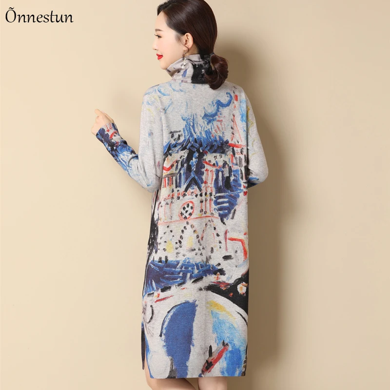 

Turtleneck Long Sweater Dress Women Fashion Long Sleeve Pullovers Floral Print Pull Femme Jumper Plus Size Soft Sweater Women