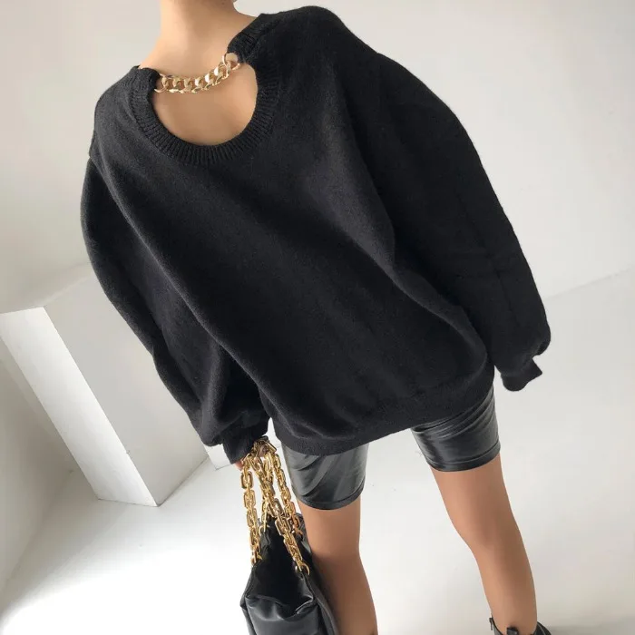 

Korean Ins Back Sneaky Design Chain Decoration Fashionable Retro Crew Neck Pullover Lazy Long Sleeve Sweater Coat Women