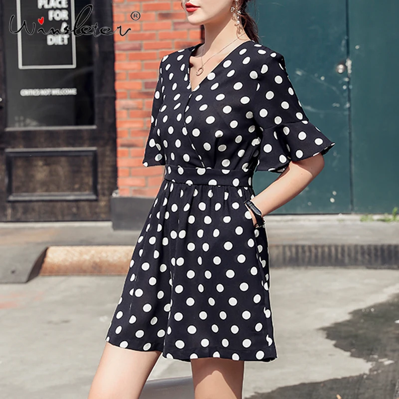 Женский комбинезон в горошек Красный шифоновый Свободный с v-образным вырезом на