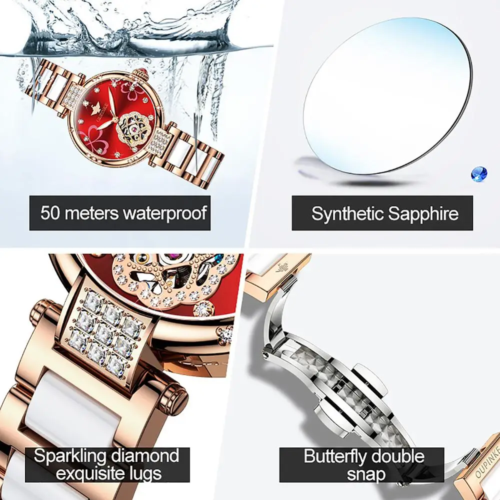 

Diver OUPINKE Ladies Fashion Mechanical Watch Diamond Ceramic Sapphire Automatic Waterpoof Flash Diamond Watch Women Gifts