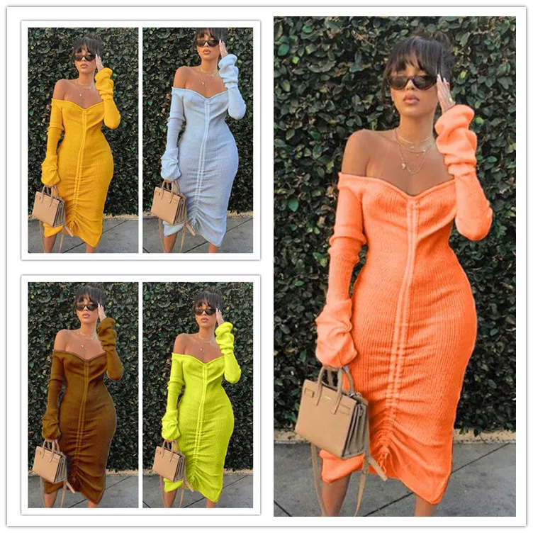 

2021 Spring Knitted Midi Dress for Women Elegant Hollow Out Long Sleeve Sexy Dresses Clothes Fashion Party Night Club