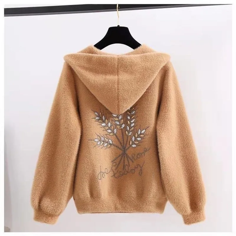 

2022 Fashion New Autumn And Winter Imitation Mink Velvet Jacket Women Loose Temperament Embroidered Knitted Cardigan With Hood