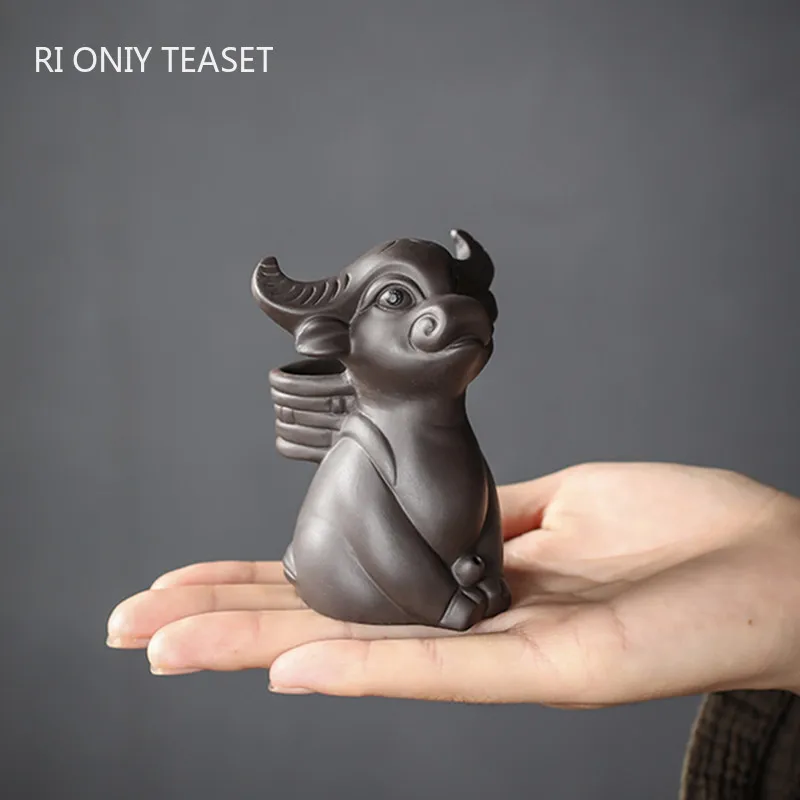 

Creative Purple Clay Spray Water Tea pet Cattle Statue Ornaments Handmade Sculpture Home Tea Set Decoration Garden Bonsai Art