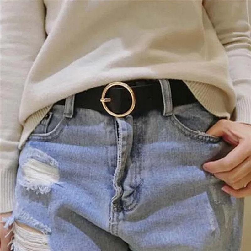 

Gold Round Buckle Belts Female Leisure Jeans Wild Belt Without Pin Metal Buckle Brown Leather Black Strap Belt Women