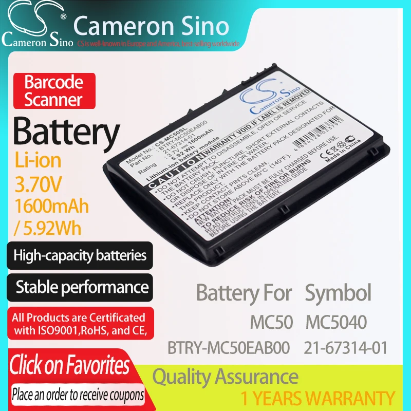 

Аккумулятор CameronSino для Symbol MC50 MC5040, подходит для Symbol 21-67314-01, BTRY-MC50EAB00 штрих-кода аккумулятор сканера, аккумулятор 1600 мА · ч/5,92 Вт · ч, 3,70 в