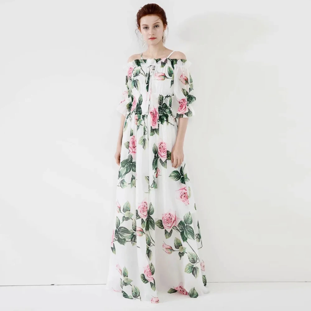 

Элегантное вечернее платье длиной до пола с рукавом-фонариком, весна-лето 2020, женское пляжное платье с цветочным принтом и вырезом лодочкой ...