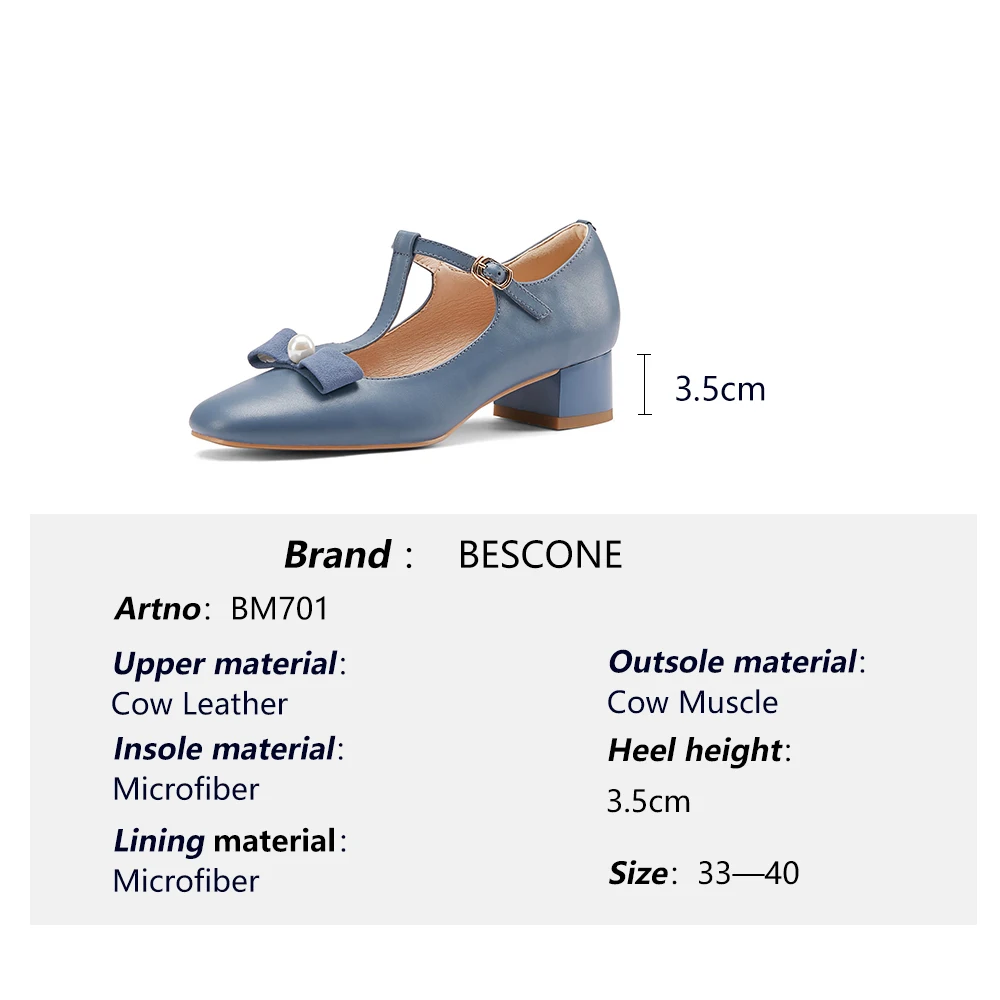 

Bescone Mary Janes T-strap Pumps Woman Genuine Leather Blue Butterfly-knot Buckle Strap Square Toe Med Square Heel Shoe BM701