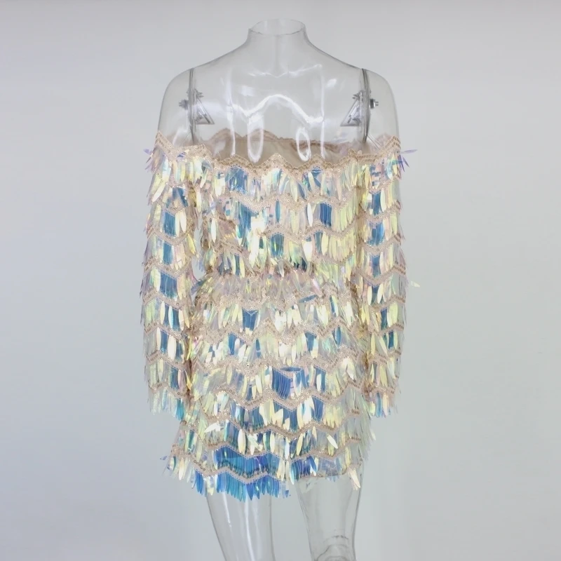 Женское платье без бретелек Fuedage летнее с блестками и кисточками мини для клубной