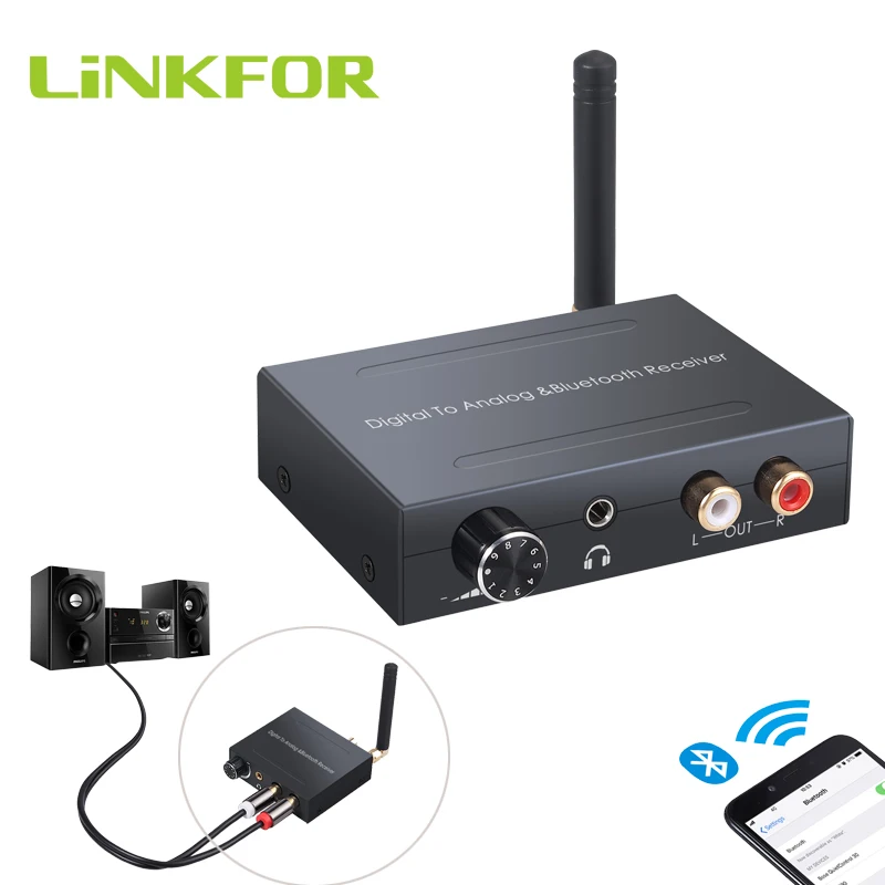 

LiNKFOR 192kHz Bluetooth-compatible DAC Converter Digital Optical Coaxial to RCA 3.5mm Analog Audio Converter with Optical Cable
