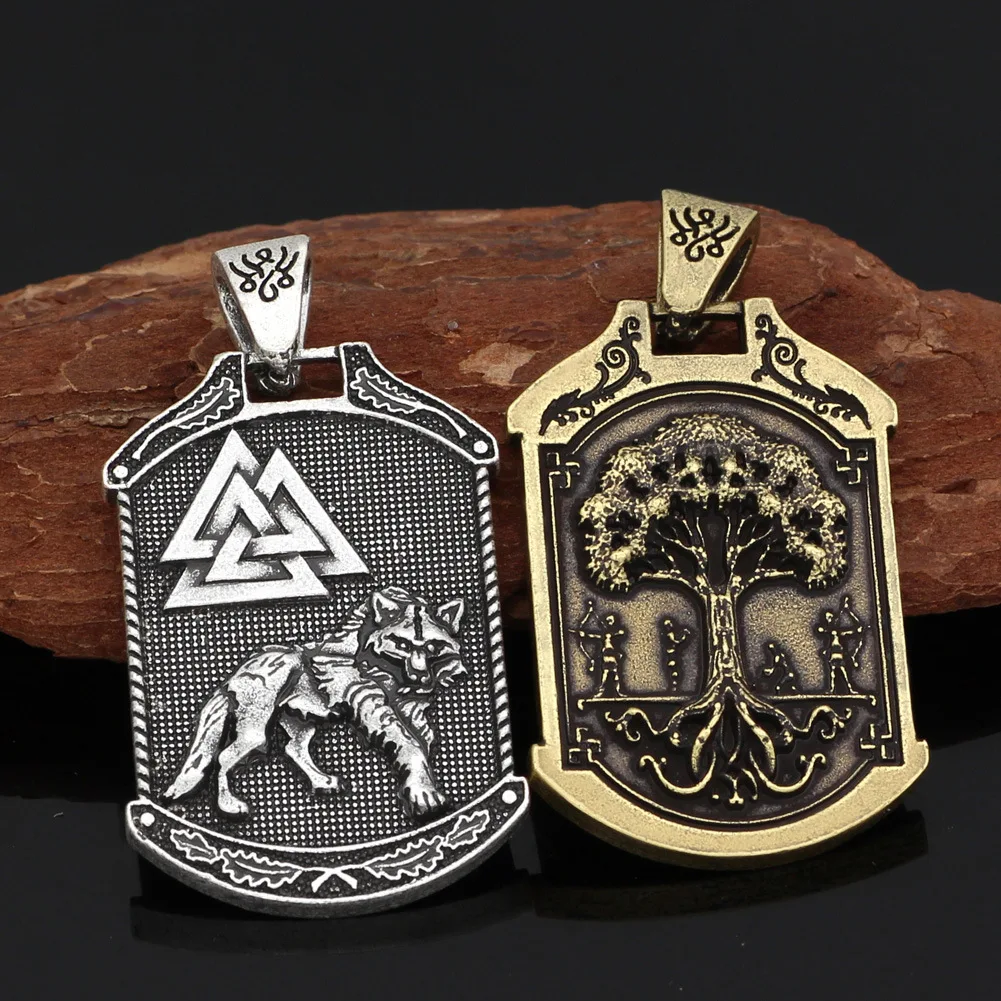 

Nordic Viking Celtic Wolf Odin Logo Tree of Life Double Sided Pendant Men's Necklace