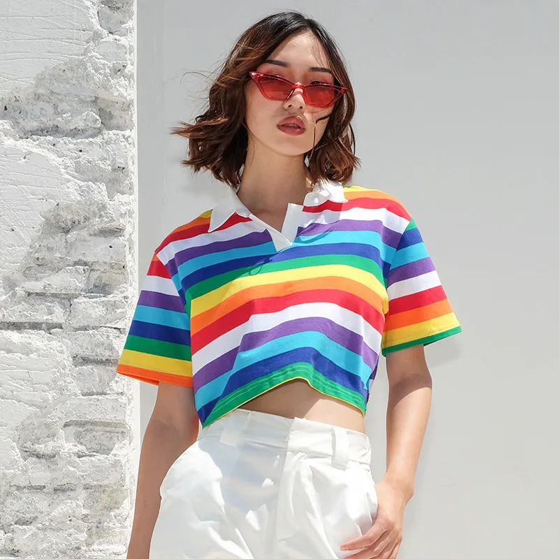 

Women's T-shirts Summer Rainbow Half High Collar Lapel Shirt Sexy Show Your Navel CropTop ShortSleeve Slim Tees Female