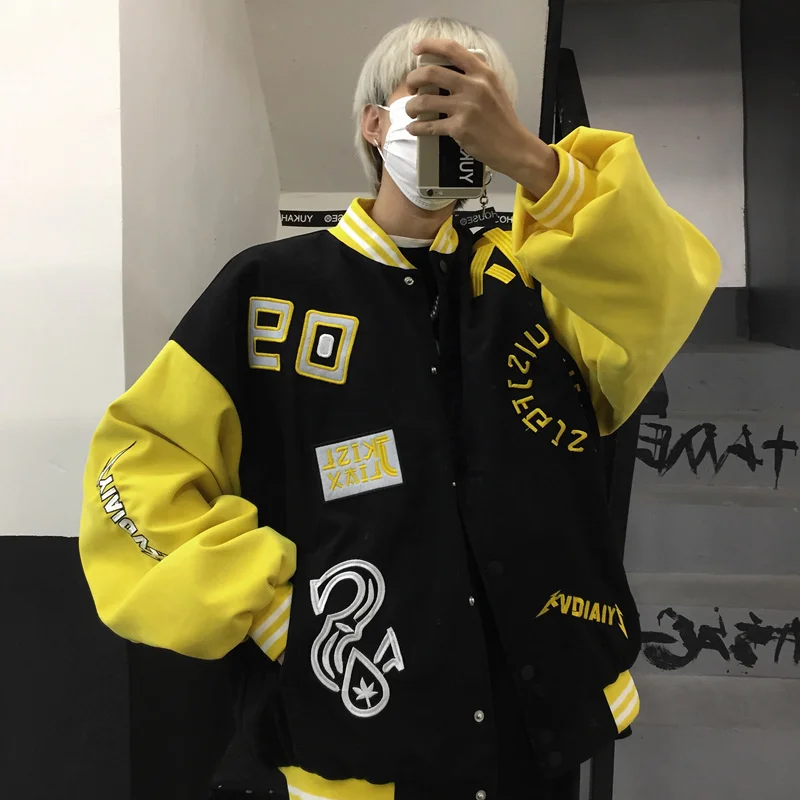 

2021 Hip Hop Baseball Coats Men Bomber Jackets Harajuku Letter Print Women Oversized Windbreaker Pockets Long Sleeve Streetwear