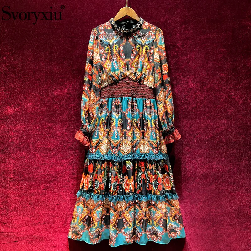 

Женское вечернее платье Svoryxiu, винтажное длинное платье с эластичным поясом, рукавами-фонариками и алмазным принтом, весна-лето 2021