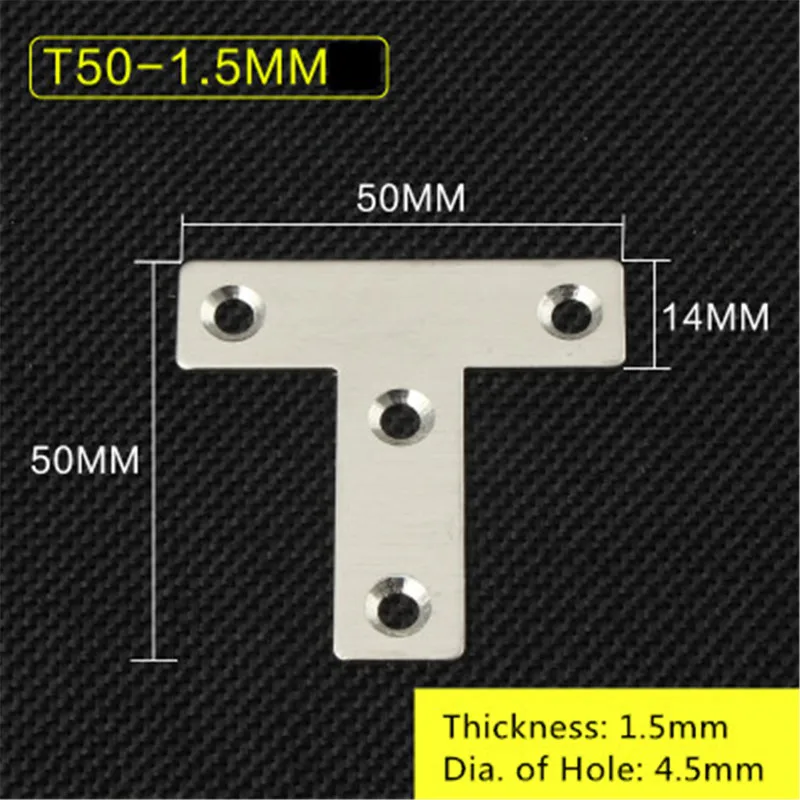 T50-1.5mm 5 шт./лот, толщина 1,5 мм, LT форма, нержавеющая сталь, плоский угол, кронштейн, поддержка, угловой кронштейн, мебельная фурнитура, разъемы - Цвет: T50-1.5mm